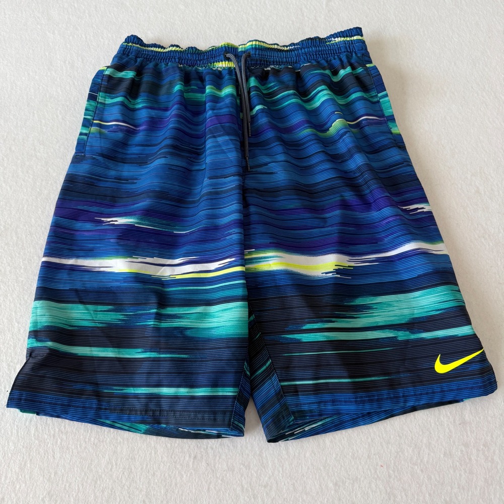 Nike Swim Trunks Mens Large Blue Teal Abstract Stripe Board Shorts Beach Tropics